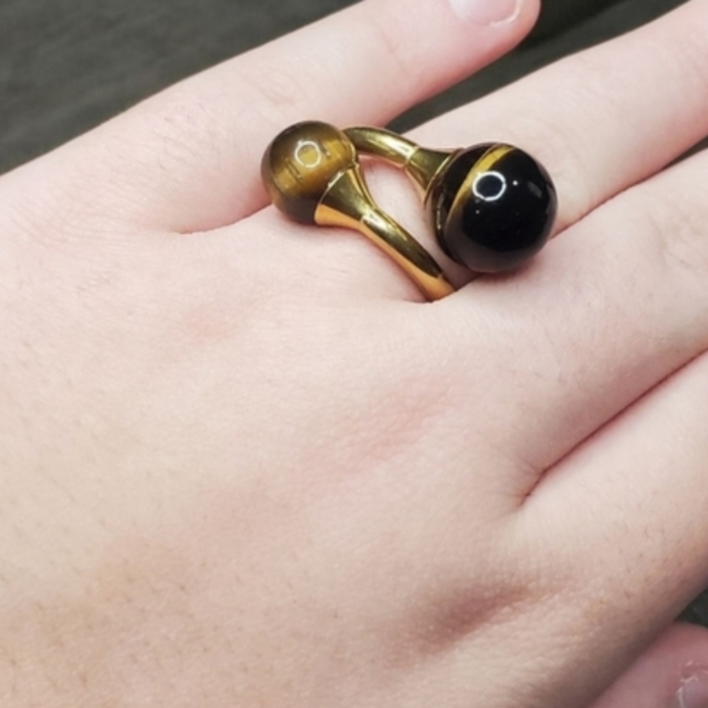 18k Gold Plated Chunky Genuine Tigers Eye Stone Bypass Ring - Picture 5 of 6